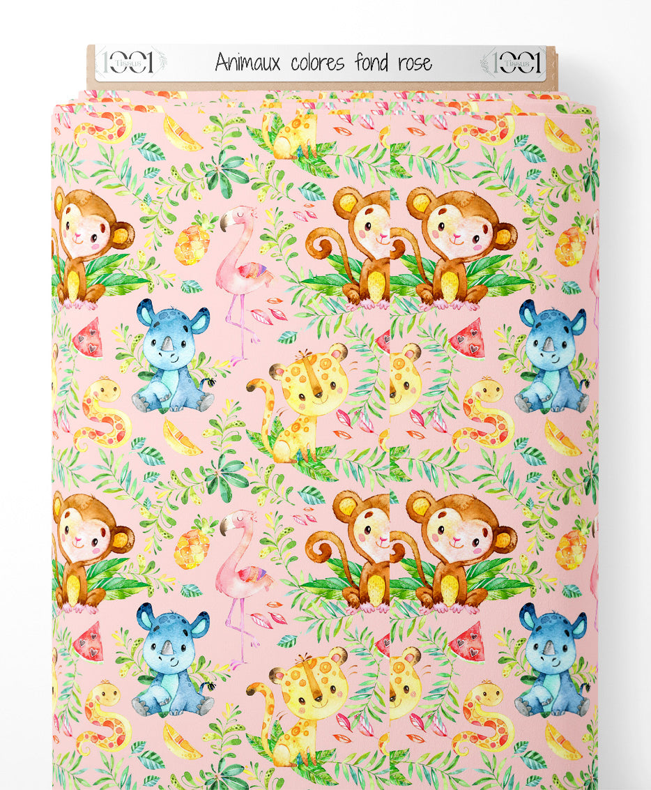 Tissu - Animaux colorés sur fond rose