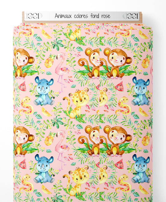 Tissu - Animaux colorés sur fond rose