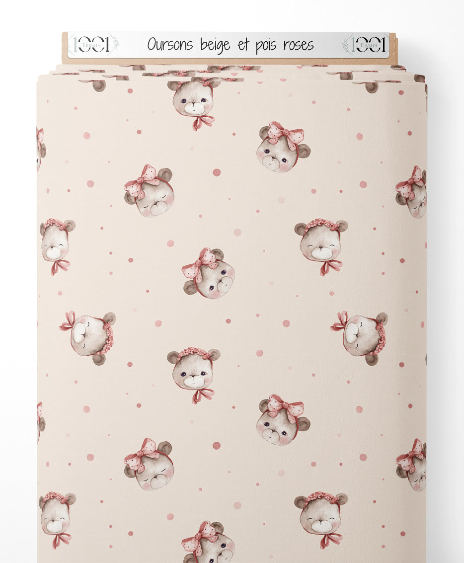 Tissu - Oursons beige et pois roses