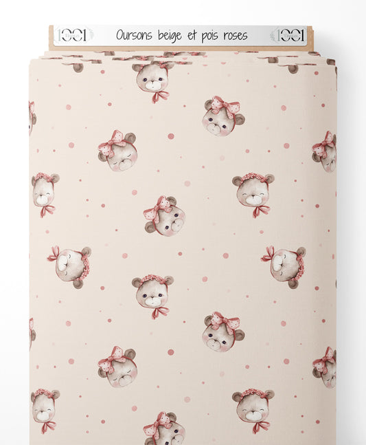 Tissu - Oursons beige et pois roses