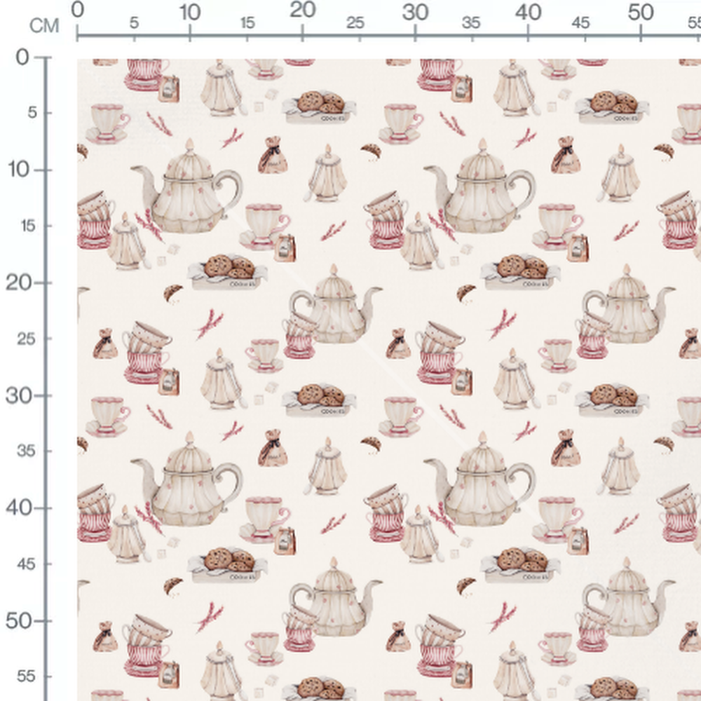 Tissu - Théières et tasses crème