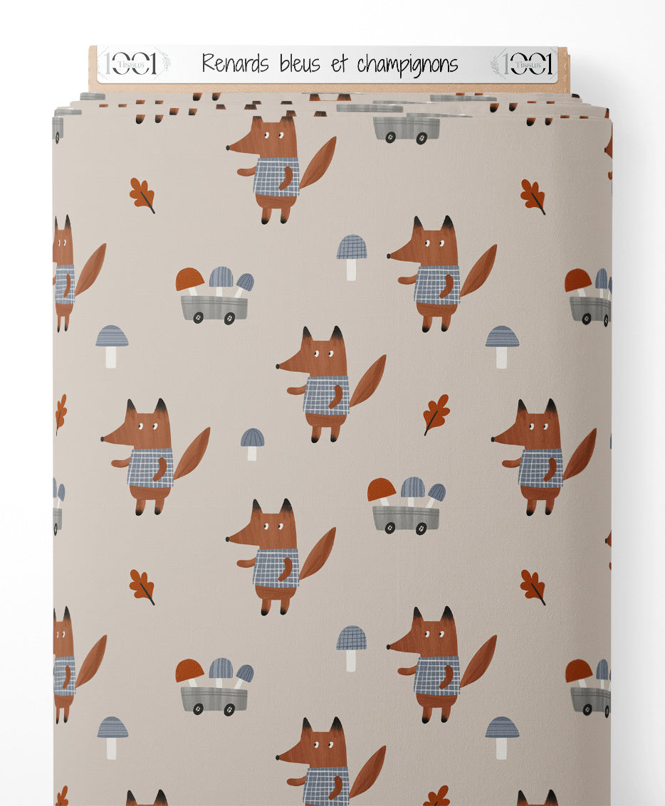 Tissu - Renards bleus et champignons