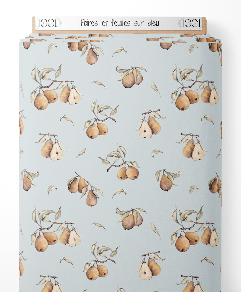 Tissu - Poires et feuilles sur bleu
