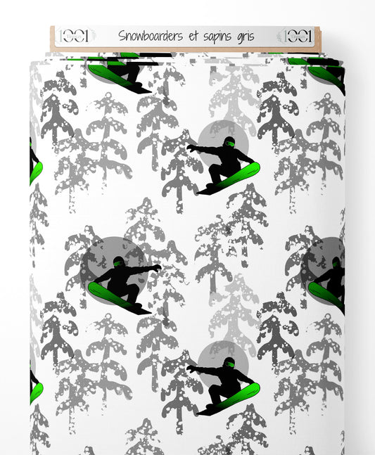 Tissu - Snowboarders et sapins gris