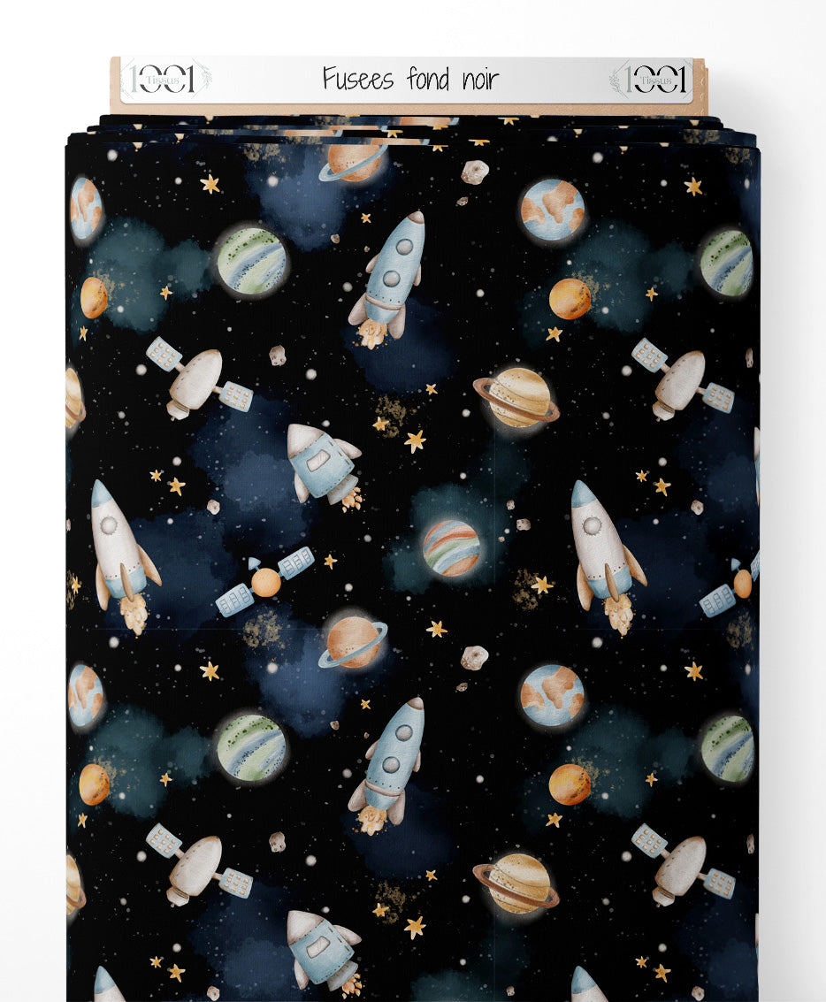 Tissu - Fusées sur fond noir
