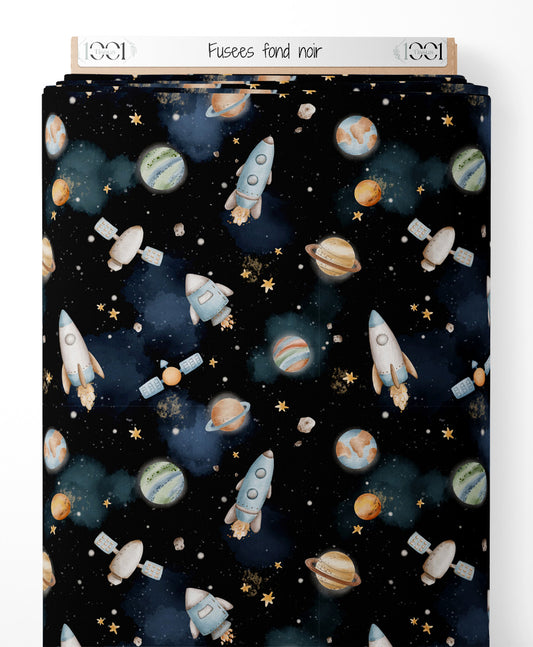 Tissu - Fusées sur fond noir