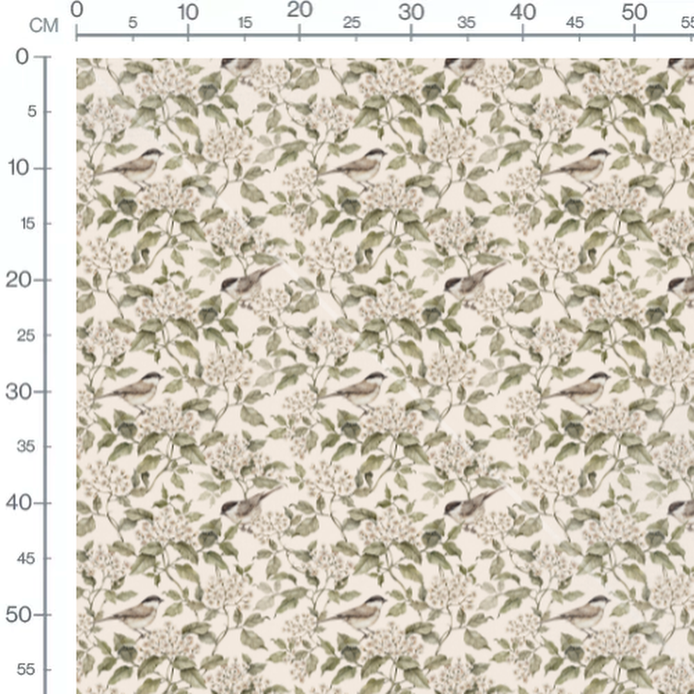Tissu - Oiseaux bruns et fleurs blanches