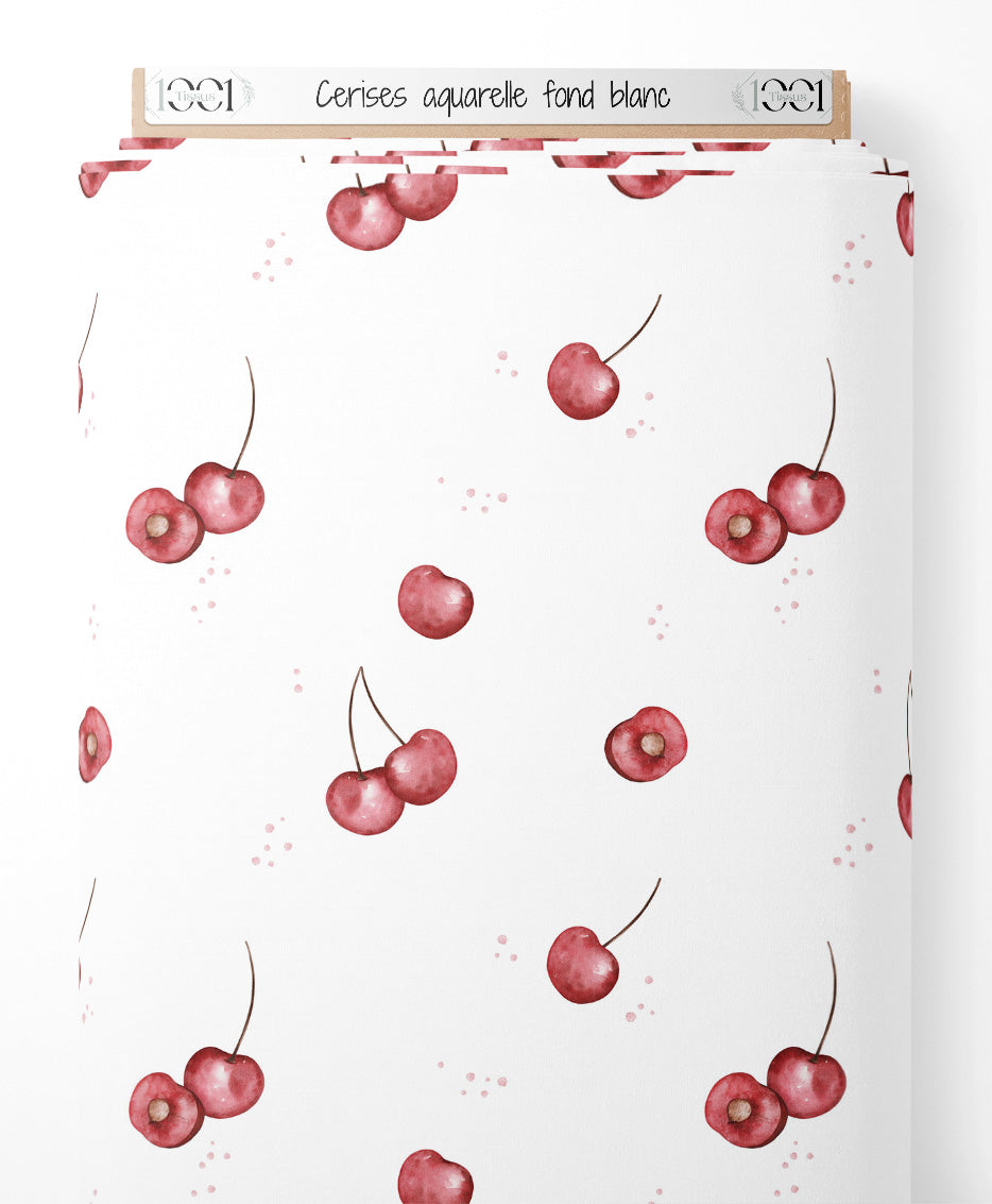 Tissu - Cerises aquarelle fond blanc