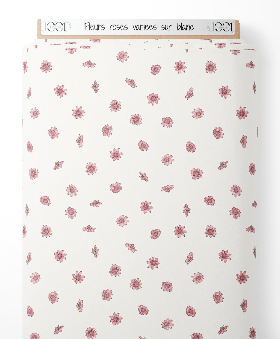Tissu - Fleurs roses variées sur blanc