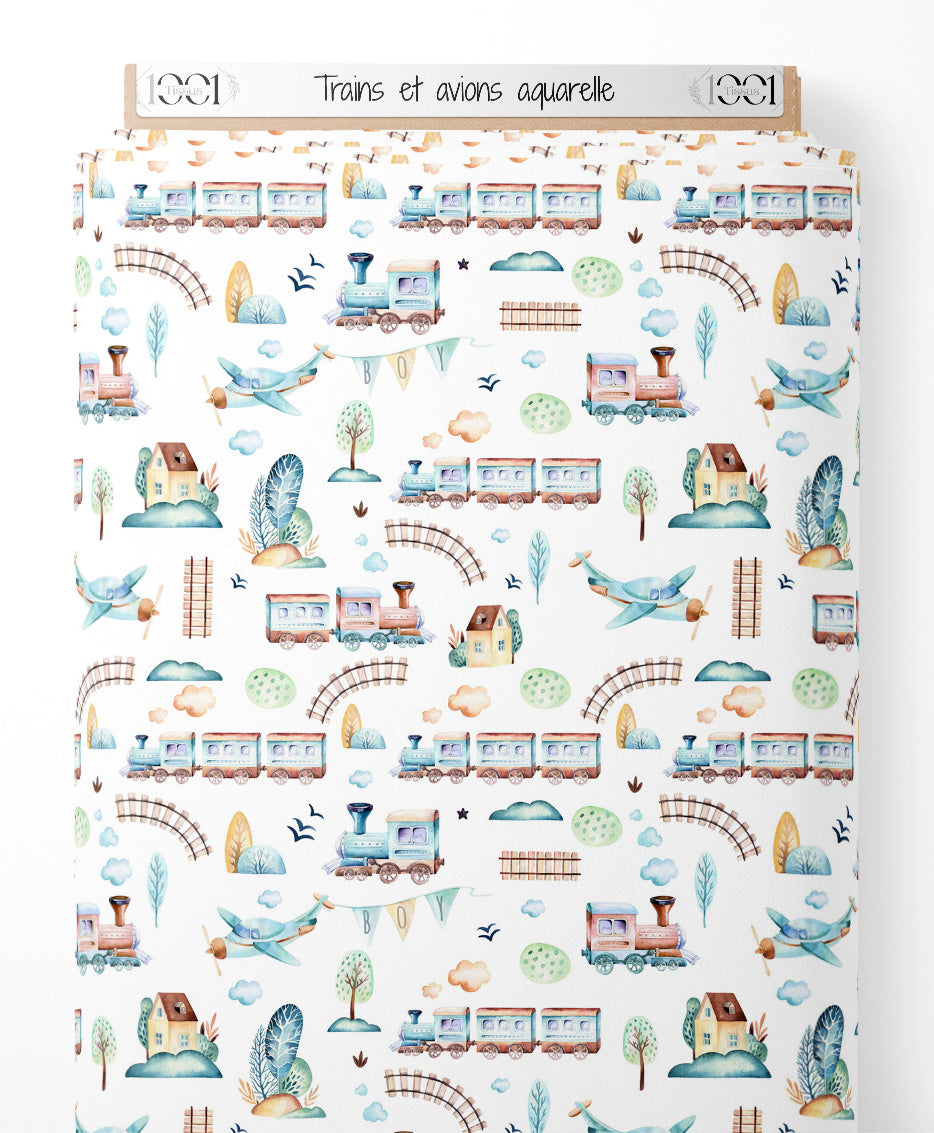 Tissu - Trains et avions aquarelle