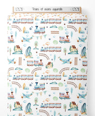 Tissu - Trains et avions aquarelle