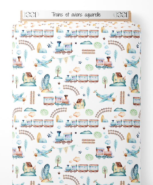 Tissu - Trains et avions aquarelle