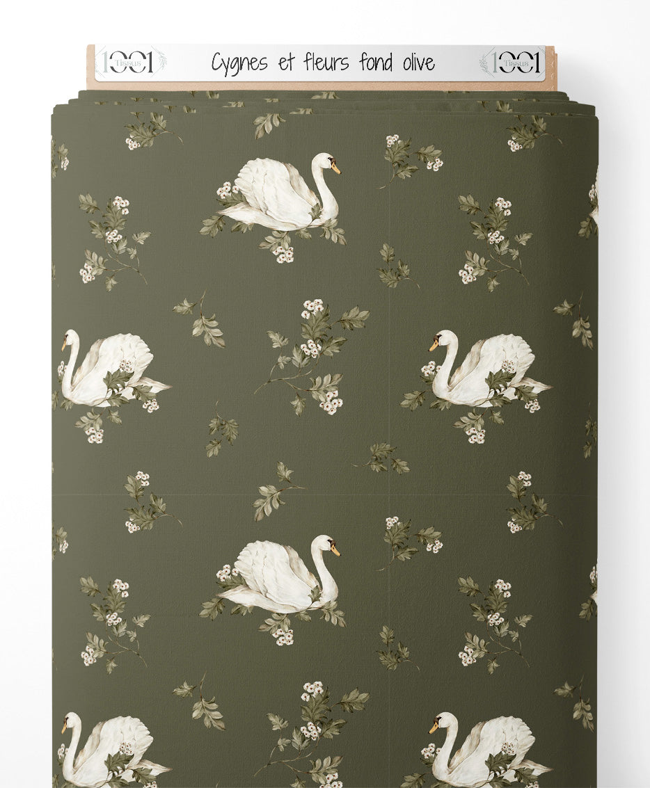 Tissu - Cygnes et fleurs sur fond olive