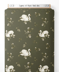 Tissu - Cygnes et fleurs sur fond olive