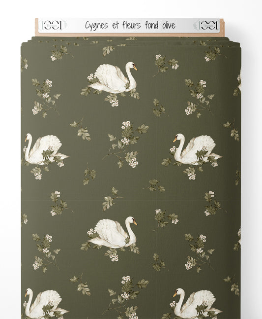 Tissu - Cygnes et fleurs sur fond olive