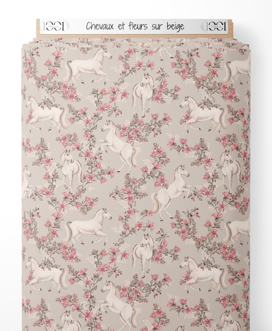 Tissu - Chevaux et fleurs sur beige