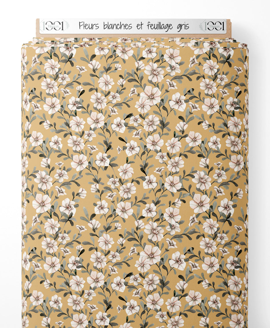 Tissu - Fleurs blanches et feuillage gris