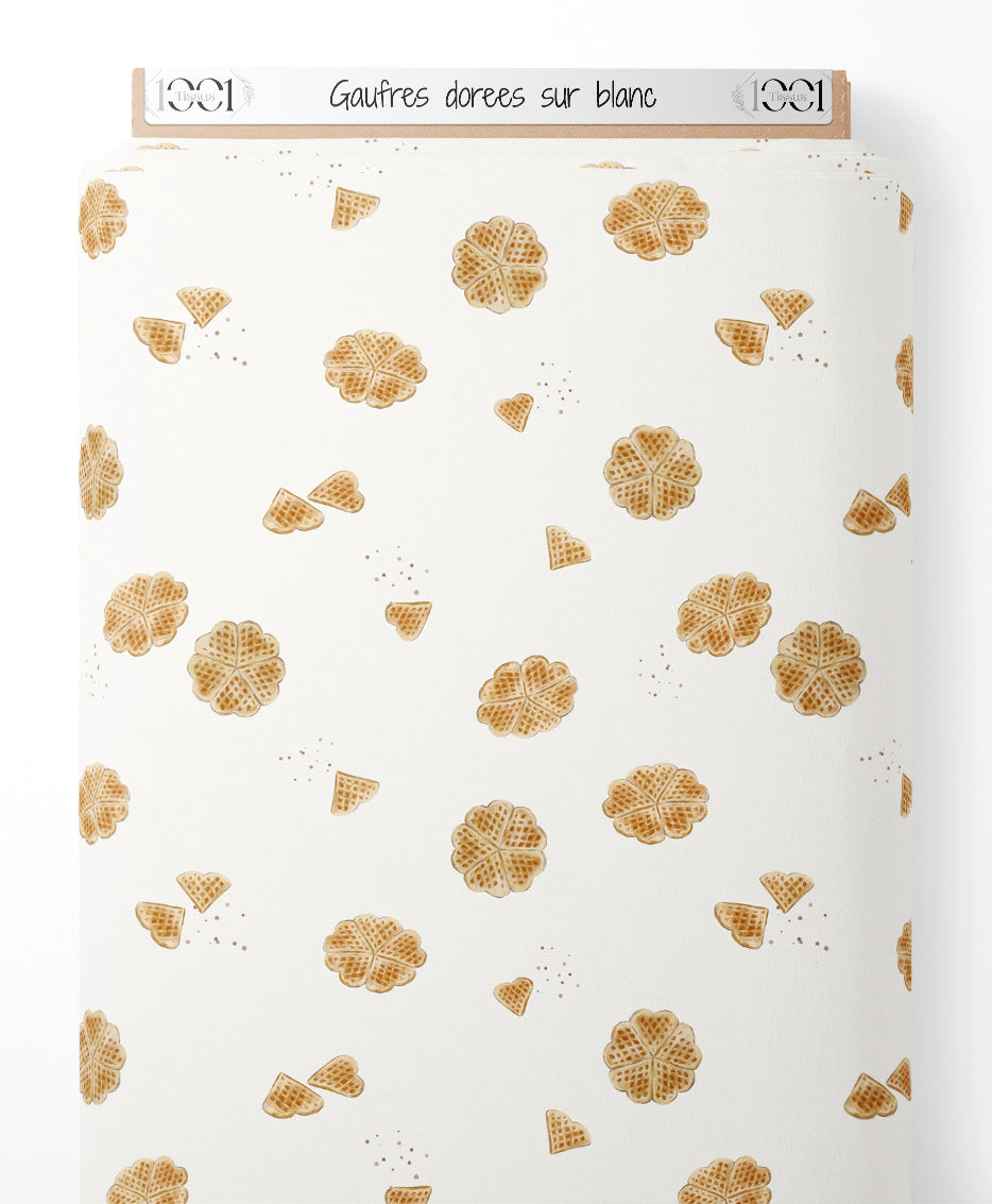Tissu - Gaufres dorées sur blanc