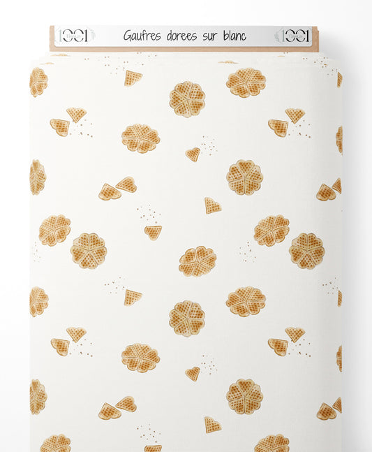 Tissu - Gaufres dorées sur blanc