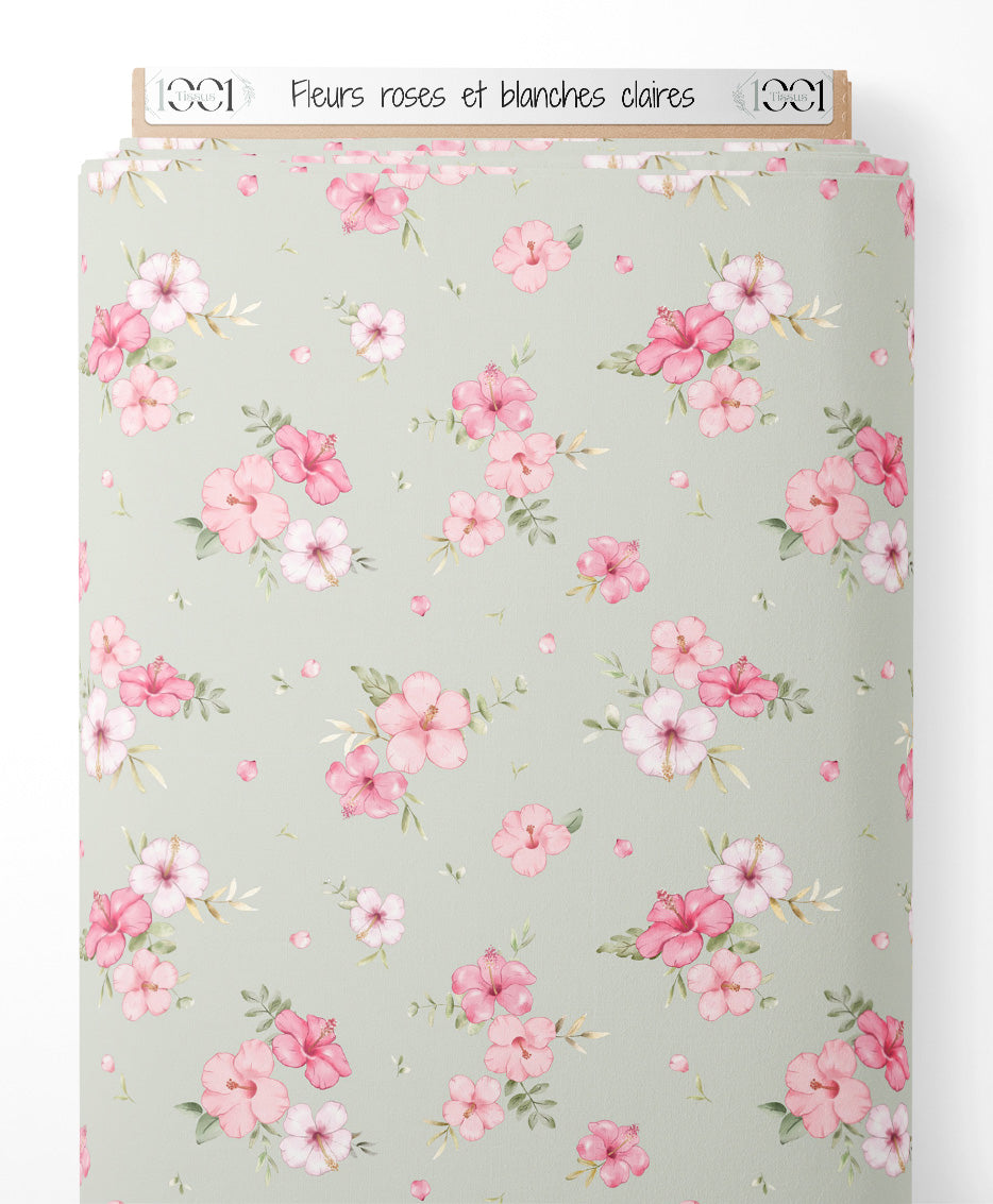 Tissu - Fleurs roses et blanches claires