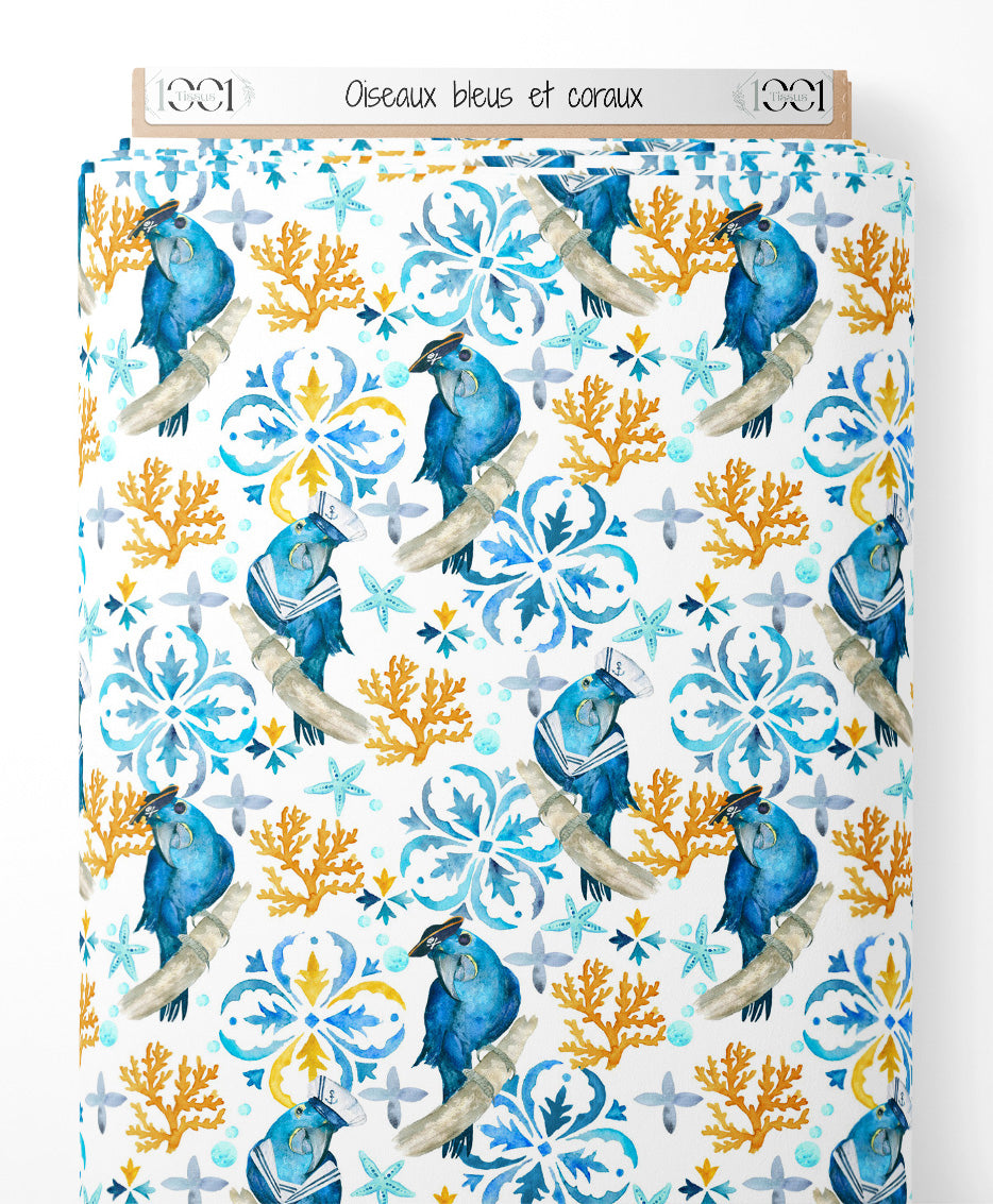 Tissu - Oiseaux bleus et coraux