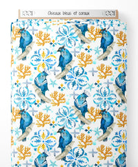 Tissu - Oiseaux bleus et coraux