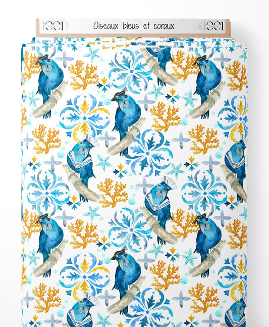 Tissu - Oiseaux bleus et coraux