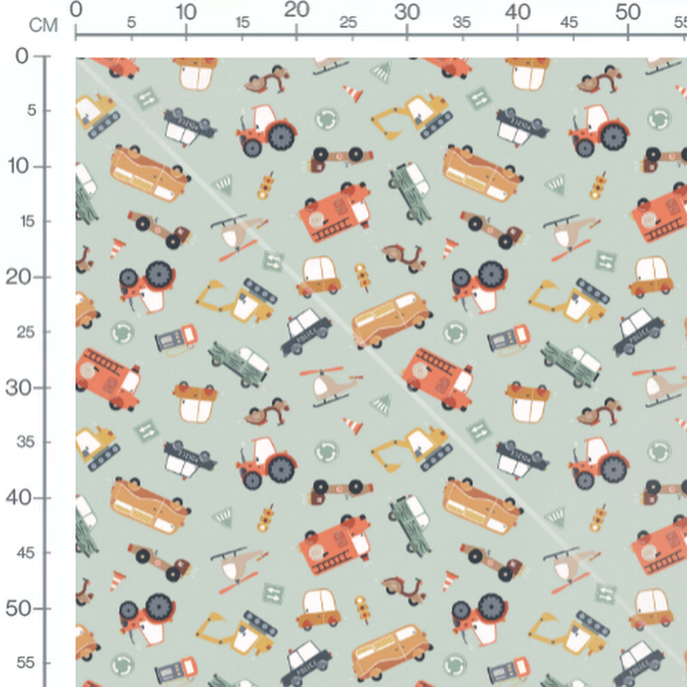 Tissu - Véhicules ludiques sur fond vert