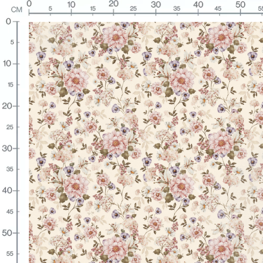 Tissu - Fleurs roses et violettes crème