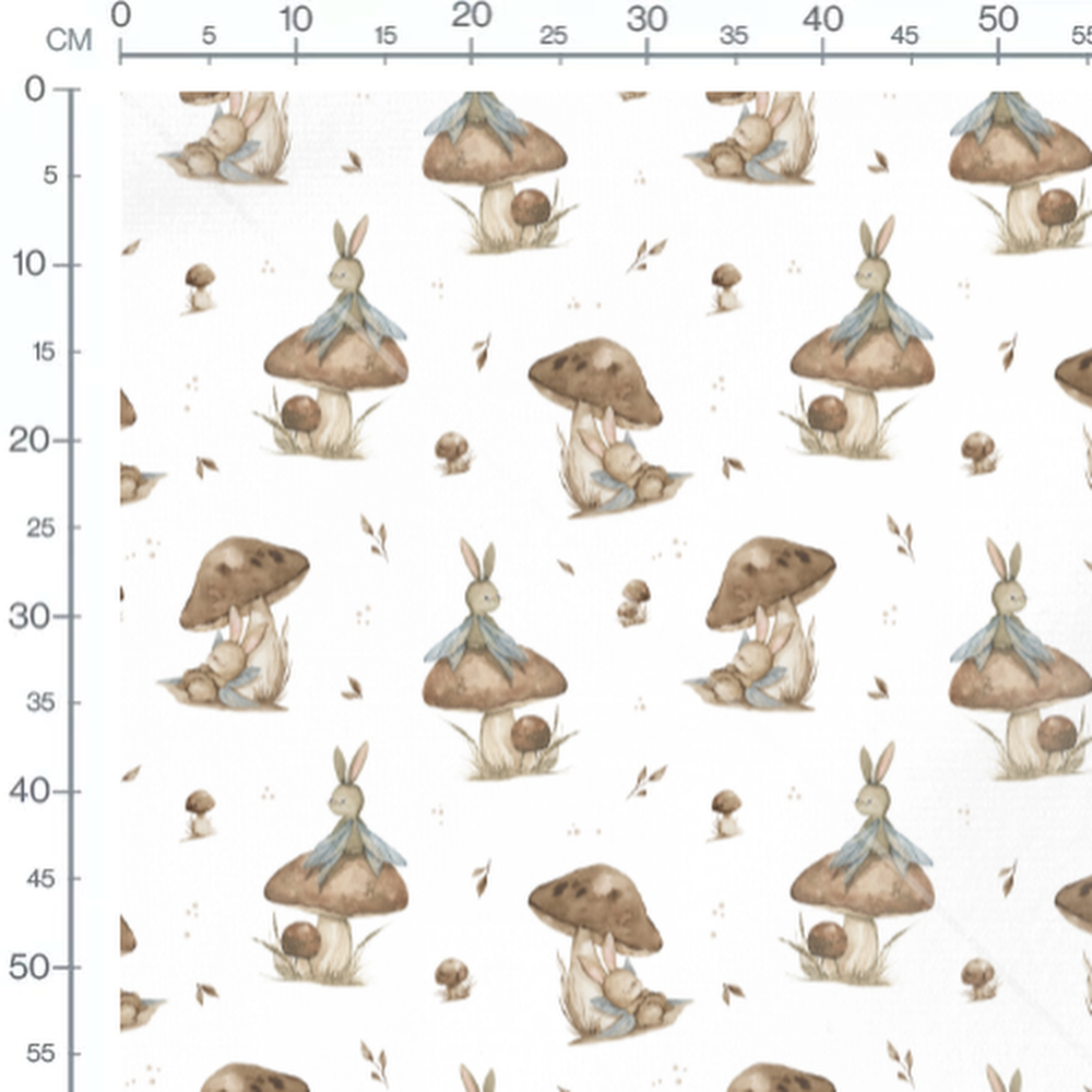 Tissu - Lapins ailés sur champignons bruns