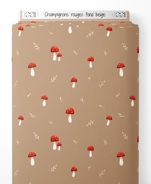Tissu - Champignons rouges sur fond beige