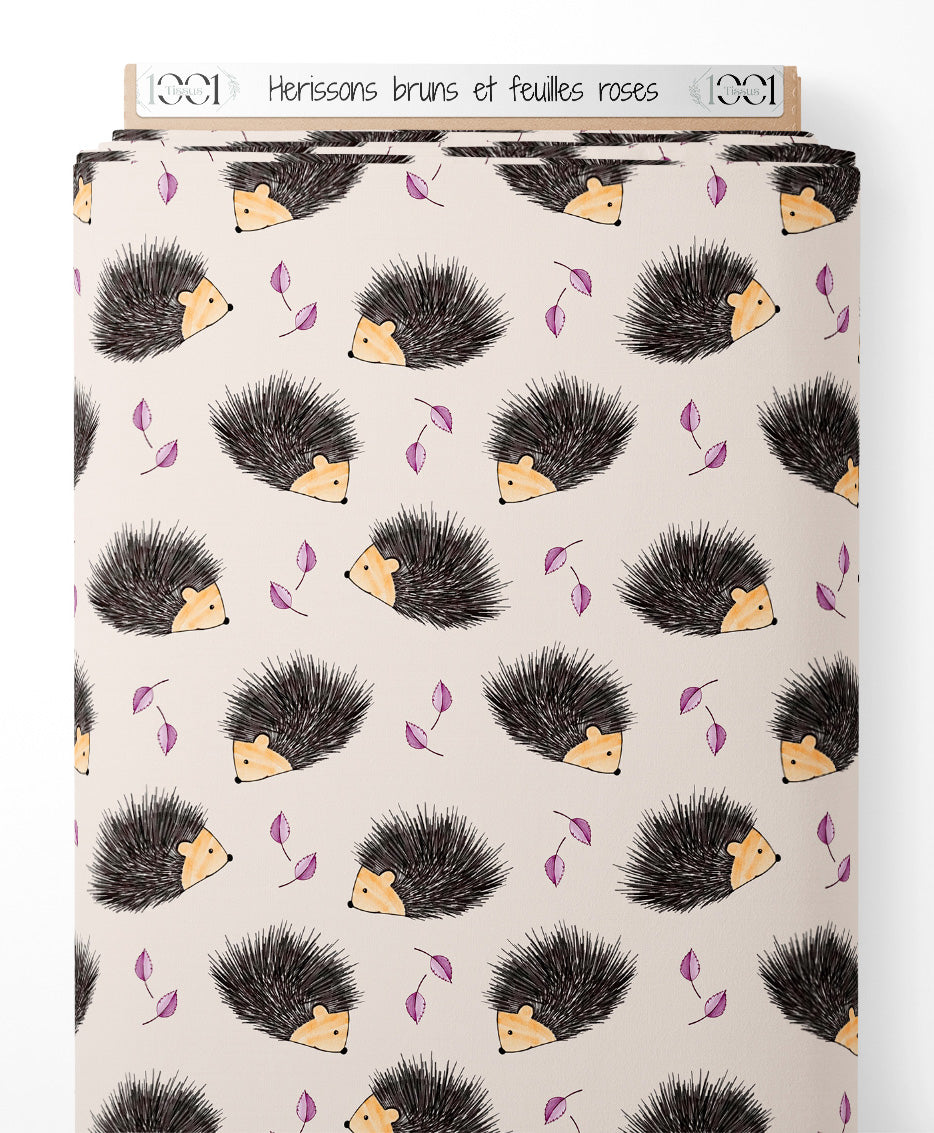 Tissu - Hérissons bruns et feuilles roses