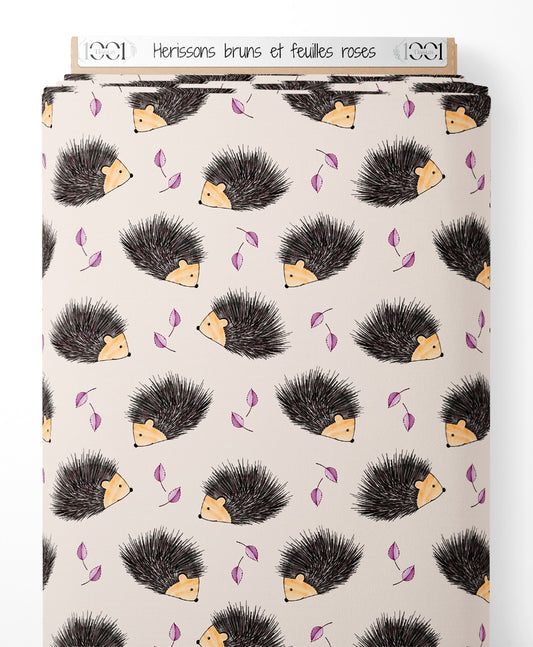 Tissu - Hérissons bruns et feuilles roses