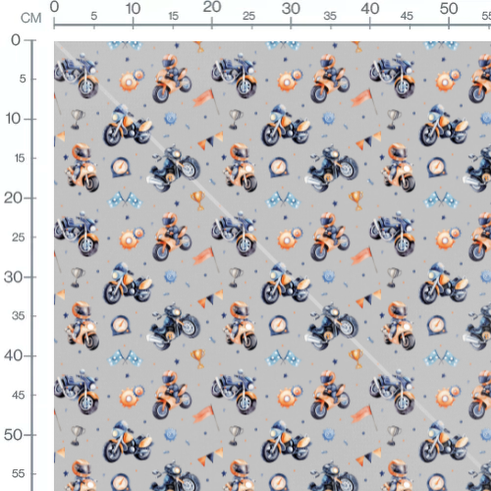 Tissu - Motos orange et bleues gris