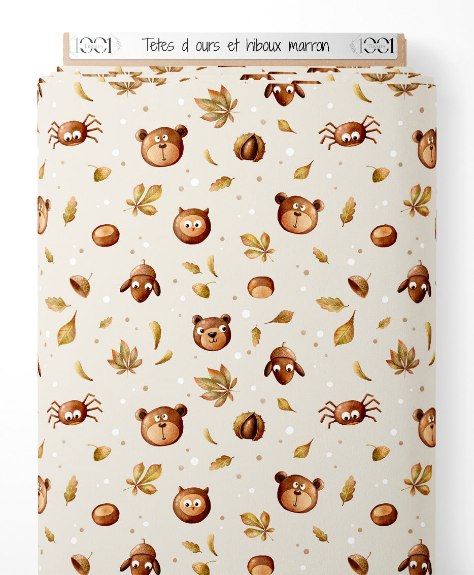 Tissu - Têtes d'ours et hiboux marron