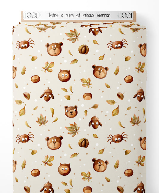 Tissu - Têtes d'ours et hiboux marron