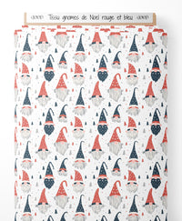Tissu - gnomes de Noel rouge et bleu