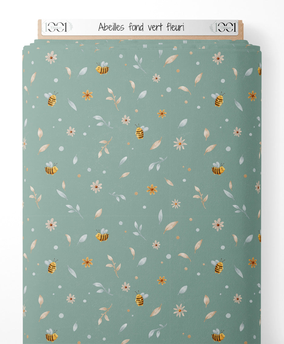 Tissu - Abeilles sur fond vert fleuri