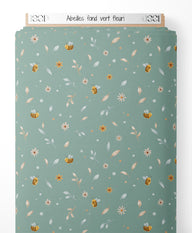 Tissu - Abeilles sur fond vert fleuri
