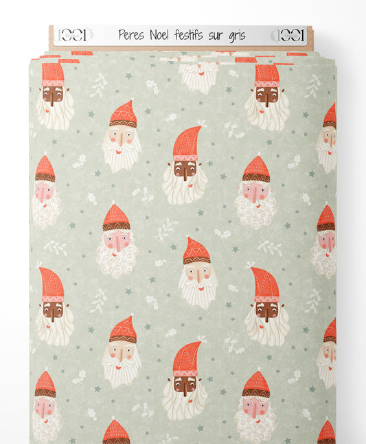 Tissu - Pères Noël festifs sur gris