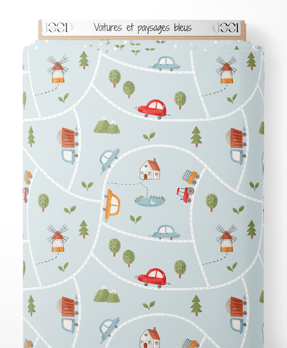 Tissu - Voitures et paysages bleus