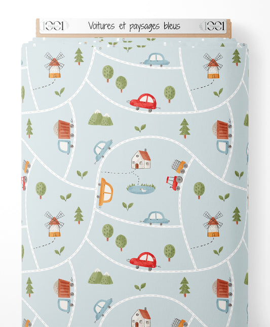 Tissu - Voitures et paysages bleus