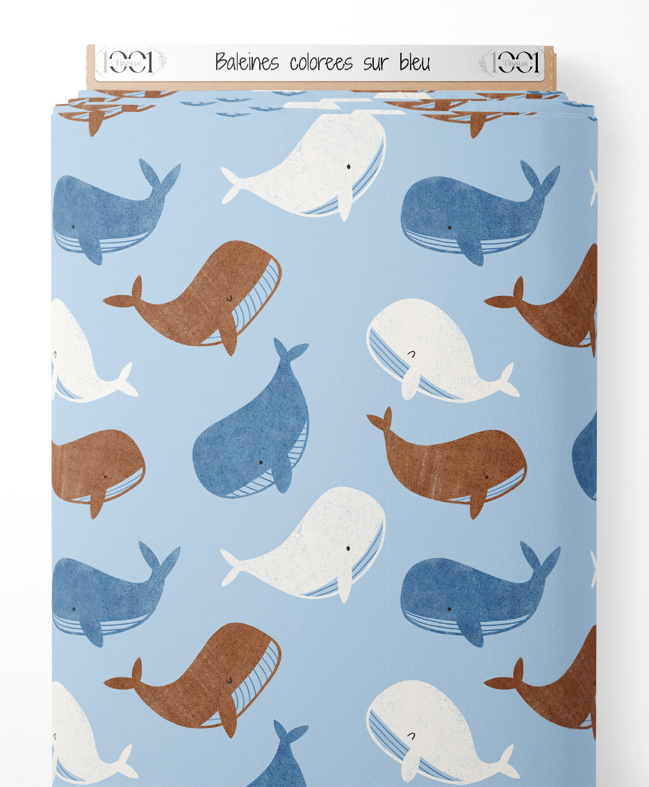 Tissu - Baleines colorées sur bleu