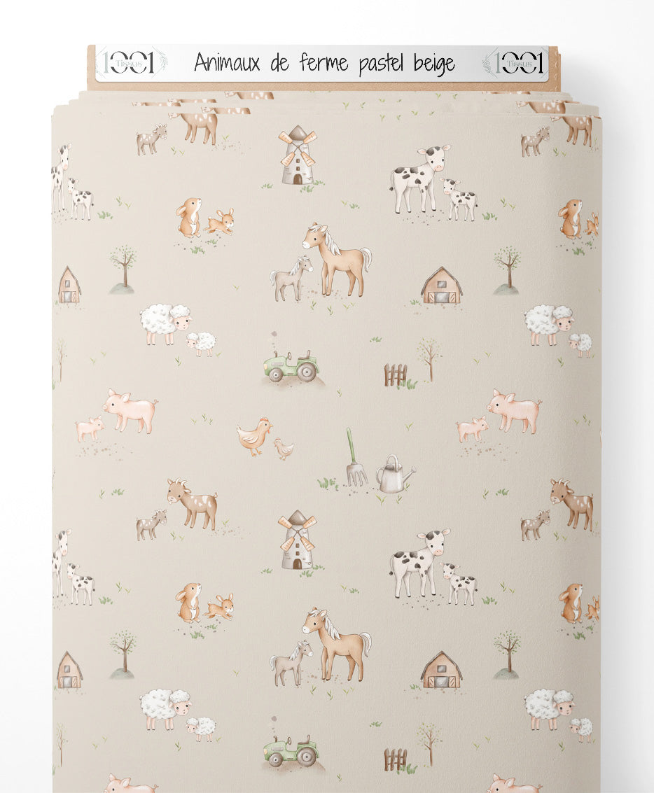 Tissu - Animaux de ferme pastel beige