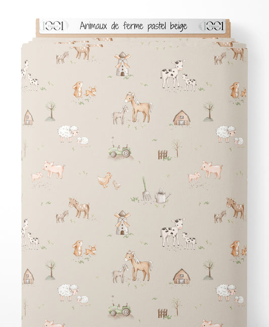 Tissu - Animaux de ferme pastel beige