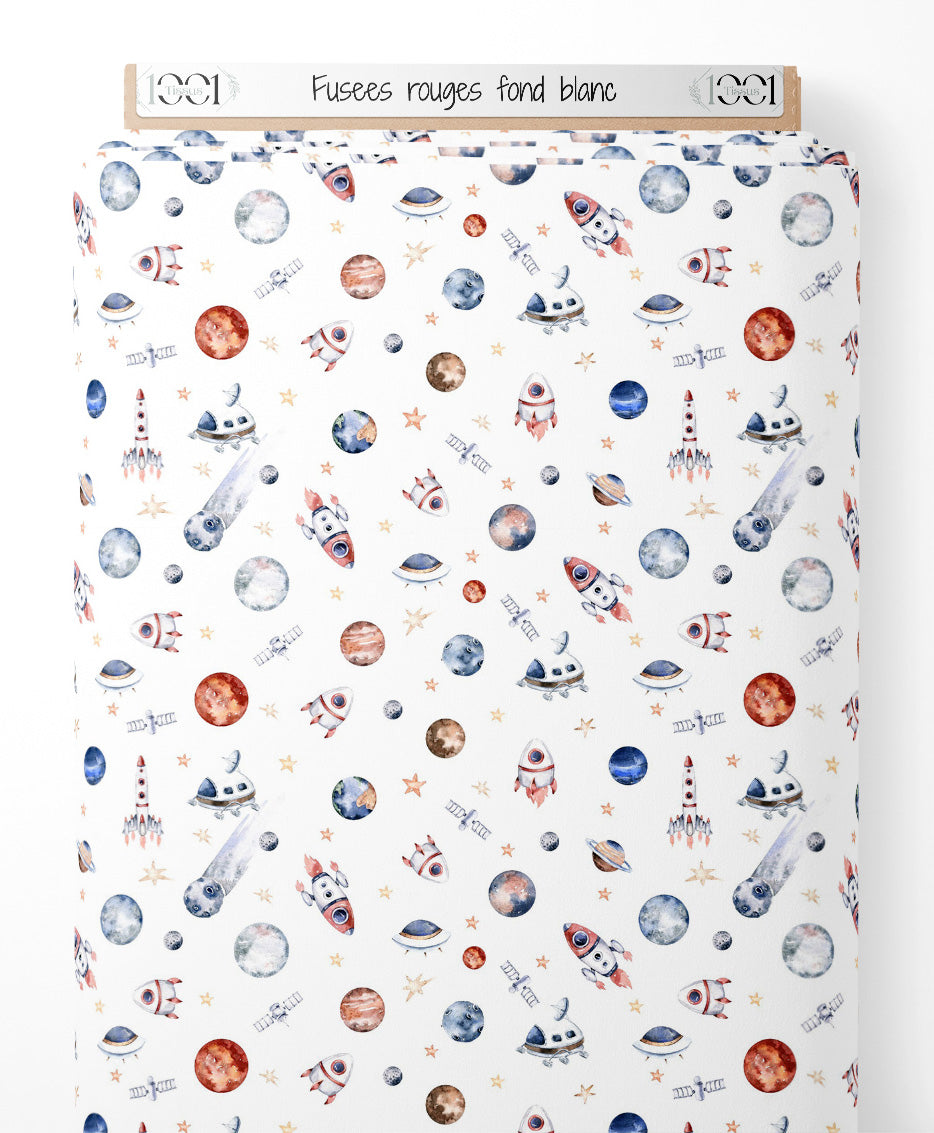 Tissu - Fusées rouges sur fond blanc