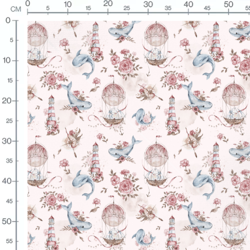 Tissu - Baleines et phares roses