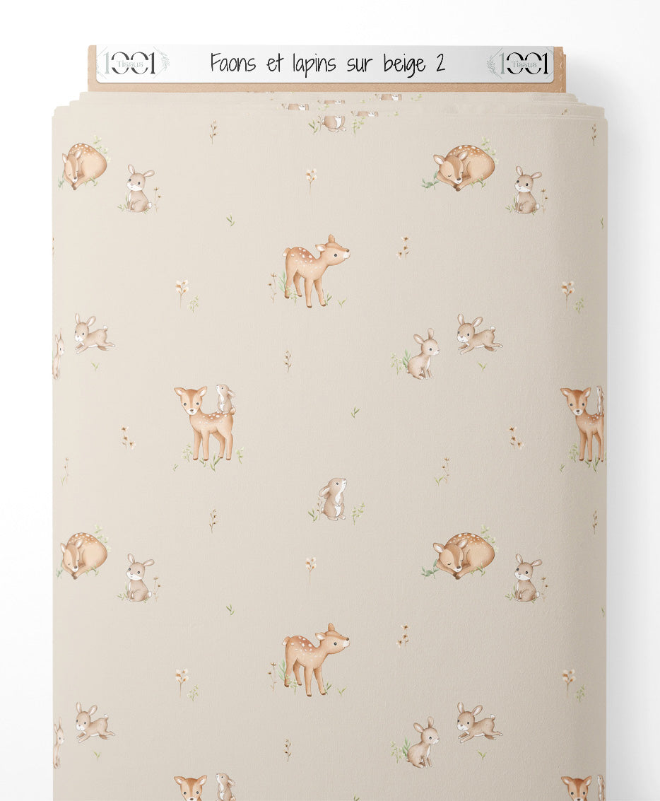 Tissu - Faons et lapins sur beige 2