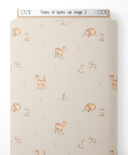 Tissu - Faons et lapins sur beige 2