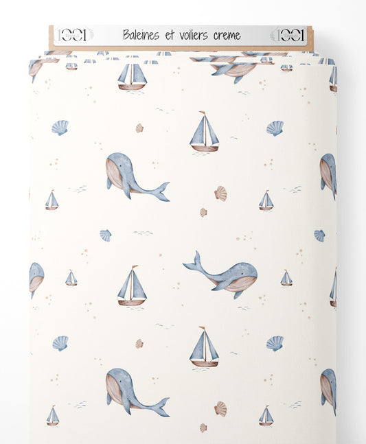 Tissu - Baleines et voiliers crème